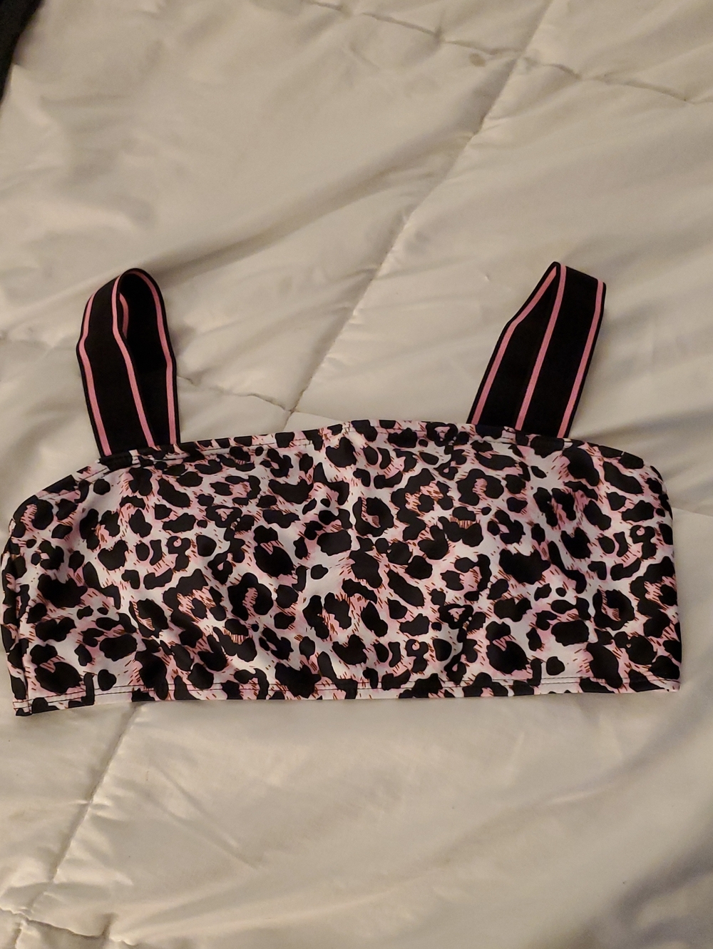Teens Pink Leopard Print Crop Top with Striped Straps Or Bathing Suit Top Only